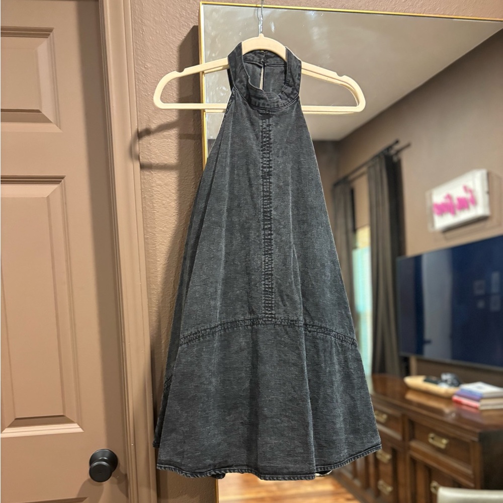 Free People Rising Sun Mini Dress Washed Black Charcoal Denim